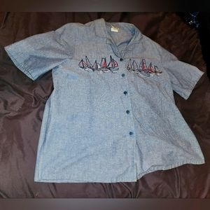 Bon Worth nautical blue small button-down short-sleeve female shirt